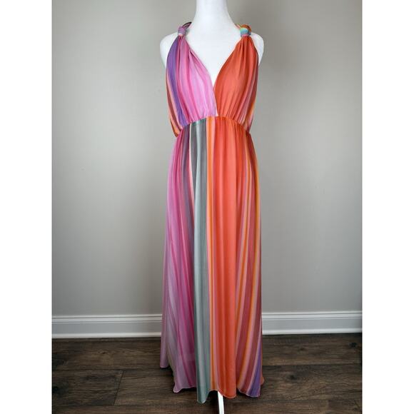 MNG by Mango Rainbow Striped Halter Maxi Dress Tie V-neck Sz 6 - Picture 3 of 11